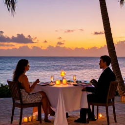 Caribbean Holidays, January Bahamas Holidays, Romantic dinner for two at an adults-only Bahamian resort, candlelit table beside the sea at sunset