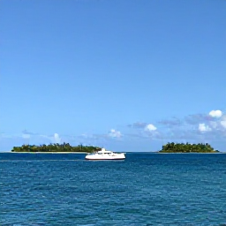 Caribbean Holidays, January Bahamas Holidays, Small inter-island ferry crossing beneath blue skies, with tropical islands and calm Caribbean water in the background