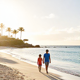 Caribbean Holidays, January Barbados, A happy family walking beside a Barbados beach at sunrise, with calm turquoise sea, palm silhouettes and bright morning light