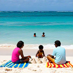Caribbean Holidays, January Barbados, A relaxed Barbados family beach day with parents and children building sandcastles, swimming in calm clear water and enjoying colourful beach towels
