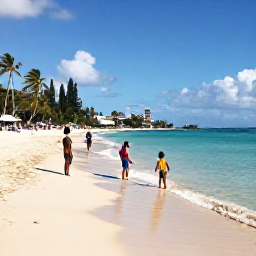 Caribbean Holidays, January Barbados, A sunny family scene on a Barbados beach in January, with turquoise water, soft golden sand, palm trees and children paddling safely near the shore