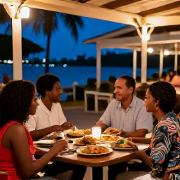 Caribbean Holidays, January Barbados, A welcoming Barbados family evening with local food at an outdoor restaurant, warm lights, palm trees and a relaxed island atmosphere