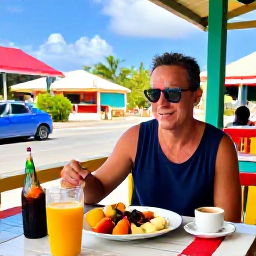 Caribbean Holidays, January Barbados Holidays, Friendly solo traveller enjoying breakfast at a colourful Barbados cafe, tropical fruit, coffee and local surroundings
