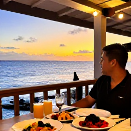 Caribbean Holidays, January Barbados Holidays, Relaxed solo traveller dining at a Barbados seaside restaurant at sunset, local food, warm lights and ocean view