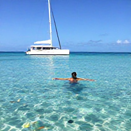 Caribbean Holidays, January Barbados Holidays, Solo traveller snorkelling in clear Barbados water beside a catamaran, bright reef fish, blue sky and calm Caribbean sea