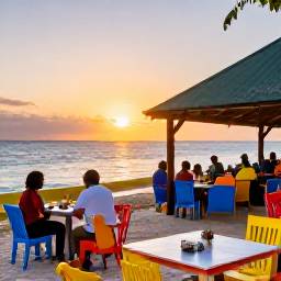 Caribbean Holidays, January Beach Holidays, A colourful Caribbean beach restaurant at sunset on Saint Kitts, with tables near the sea and diners enjoying local food