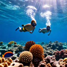 Caribbean Holidays, January Beach Holidays, A couple snorkelling above colourful coral and tropical fish in the clear waters of Cura&ccedil;ao, with sunlight shining through the sea