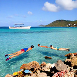 Caribbean Holidays, January Beach Holidays, A couple snorkelling in clear Caribbean water beside a coral reef near the British Virgin Islands, with tropical fish and a traditional boat nearby