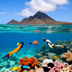 Caribbean Holidays, January Beach Holidays, A couple snorkelling in clear Saint Lucian water above a colourful reef, tropical fish and volcanic hills in the background