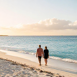 Caribbean Holidays, January Beach Holidays, A couple walking along a quiet Turks and Caicos beach in January, with turquoise sea, white sand and warm golden morning light