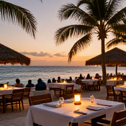 Caribbean Holidays, January Beach Holidays, A relaxed beachfront restaurant in Cura&ccedil;ao serving dinner at sunset, with palm trees, warm lights and the Caribbean sea beyond