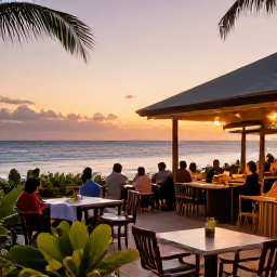 Caribbean Holidays, January Beach Holidays, A relaxed beachfront restaurant in Providenciales at sunset in January, with outdoor tables, tropical plants and diners enjoying a calm evening