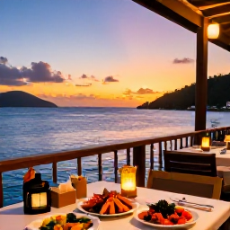 Caribbean Holidays, January Beach Holidays, A relaxed evening at a waterfront restaurant in the British Virgin Islands, with fresh seafood, lanterns and a sunset over the Caribbean Sea