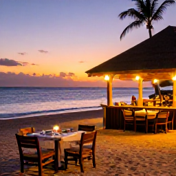 Caribbean Holidays, January Beach Holidays, A welcoming Saint Lucia beachfront restaurant at sunset, tables near the sand, local Caribbean food and glowing evening light