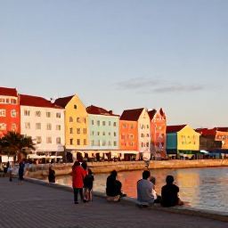 Caribbean Holidays, January Beach Holidays, Colourful Willemstad waterfront in Cura&ccedil;ao at golden hour, with pastel buildings, the Queen Emma Bridge and people enjoying the evening