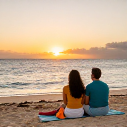 Caribbean Holidays, January Beach Holidays, Couple relaxing beside a Caribbean beach at sunset with a warm January sky in the background