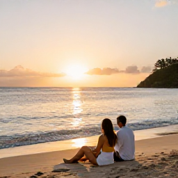 Caribbean Holidays, January Beach Holidays, Couple relaxing on a peaceful Caribbean beach in Saint Vincent and the Grenadines at sunset