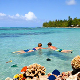 Caribbean Holidays, January Beach Holidays, Couple snorkelling in clear Caribbean water near a Dominican Republic beach, colourful fish and coral, sunny tropical coastline