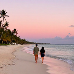 Caribbean Holidays, January Beach Holidays, Couple walking along Grace Bay Beach at sunset in January, pastel sky, gently rippling water and palm trees