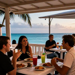 Caribbean Holidays, January Beach Holidays, Outdoor caf&eacute; in Providenciales with fresh seafood, tropical drinks and visitors enjoying a warm January evening