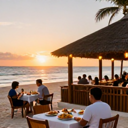 Caribbean Holidays, January Beach Holidays, Outdoor restaurant beside a Dominican Republic beach at sunset, relaxed diners, local Caribbean food and warm evening light