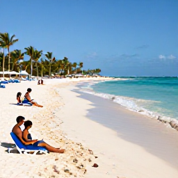 Caribbean Holidays, January Beach Holidays, Travellers relaxing on a spacious Punta Cana beach, gentle waves, sun loungers, palm-fringed shoreline and clear blue water