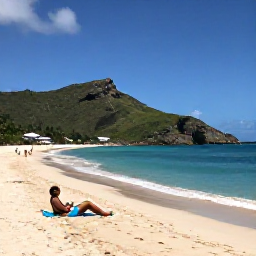 Caribbean Holidays, January Beach Holidays, Travellers relaxing on the soft sand at Gouverneur Beach, Saint Barth&eacute;lemy, with calm blue water and rugged green hills behind