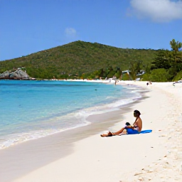Caribbean Holidays, January Beach Holidays, Visitors relaxing on a quiet white-sand beach at Trunk Bay on St John, surrounded by clear shallow water and green hills