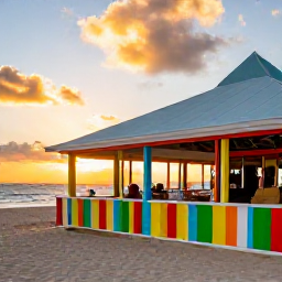 Caribbean Holidays, January Beaches, A colourful seaside restaurant in Grand Case, Saint Martin, serving fresh seafood beside a Caribbean beach at sunset