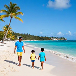 Caribbean Holidays, January Beaches, A happy family walking along a sunny sandy beach in the United States Virgin Islands in January, with turquoise sea and palm trees