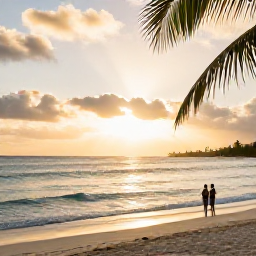 Caribbean Holidays, January Beaches, A peaceful Saint Martin beach at golden hour in January, with gentle waves, palm shadows and a couple watching the sunset