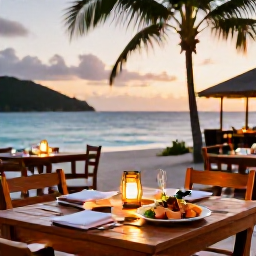 Caribbean Holidays, January Beaches, A relaxed evening at a beachfront restaurant in the British Virgin Islands, wooden tables, local seafood, gentle sunset light and palm trees