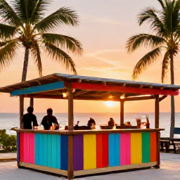 Caribbean Holidays, January Beaches, Colourful Tobago beach bar at sunset with local food, rum cocktails, palm silhouettes and a warm Caribbean evening atmosphere