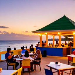 Caribbean Holidays, January Beaches, Colourful waterfront restaurant in Sint Maarten at sunset, outdoor tables, Caribbean food and visitors enjoying an evening