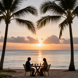 Caribbean Holidays, January Beaches, Couple enjoying a sunset dinner beside a Saint Kitts beach, with soft evening light, palm silhouettes and calm sea