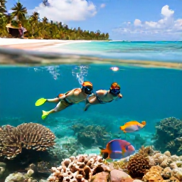 Caribbean Holidays, January Beaches, Couple snorkelling in clear Caribbean water near Tobago, with colourful fish, coral and a tropical coastline in the background