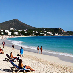 Caribbean Holidays, January Beaches, People enjoying a January morning on Orient Bay Beach, Saint Martin, with sun loungers, gentle waves, green hills and a clear blue sky