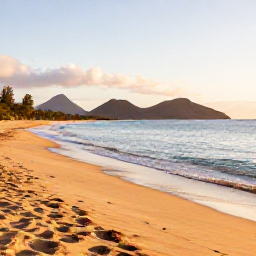 Caribbean Holidays, January Beaches, Quiet golden beach on Montserrat in January, calm Caribbean sea, volcanic hills and soft morning light