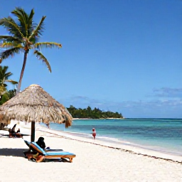 Caribbean Holidays, January Beaches, Relaxed beach scene at Pigeon Point Tobago with thatched palms, clear water, sun loungers and visitors enjoying January sunshine