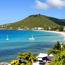 Caribbean Holidays, January Beaches, Small boat sailing around the coastline of Saint Martin and Sint Maarten on a sunny January day, turquoise bays and green hills