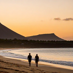 Caribbean Holidays, January Beaches, Sunset over Montserrat coastline with a couple walking along a quiet beach, warm orange sky and volcanic hills