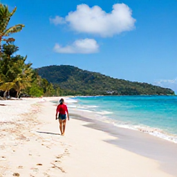 Caribbean Holidays, January Beaches, Traveller walking along a quiet Trinidad and Tobago beach in January, with turquoise sea, lush hills and bright tropical skies