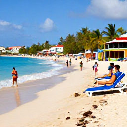 Caribbean Holidays, January Beaches, Visitors relaxing on a Caribbean beach in Saint Martin, sun loungers, gentle waves, palm trees and colourful beach bars