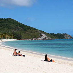 Caribbean Holidays, January Beaches, Visitors relaxing on Magens Bay Beach in St Thomas, with calm blue water, green hills and a few palm trees