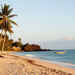 Caribbean Holidays, January Beaches, Warm January afternoon on a quiet Montserrat beach, small fishing boat offshore, local palm trees and volcanic coastline