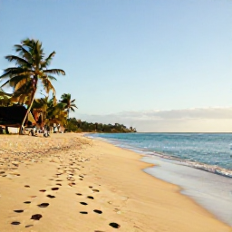 Caribbean Holidays, January Beaches, Wide golden beach on Trinidad with calm turquoise Caribbean water, palm trees and warm January sunshine