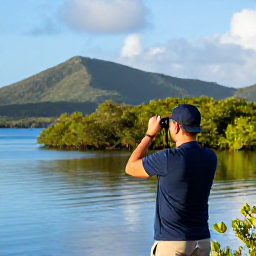 Caribbean Holidays, January Birdwatching, A birder with binoculars overlooking a quiet mangrove lagoon and green hills in the United States Virgin Islands on a clear January morning