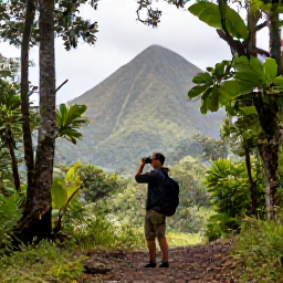 Caribbean Holidays, January Birdwatching, A birdwatcher using binoculars on a forest trail in Saint Vincent, surrounded by tropical trees and mountain scenery