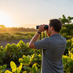 Caribbean Holidays, January Birdwatching, A birdwatcher with binoculars overlooking a lush Dominican Republic wetland at sunrise in January