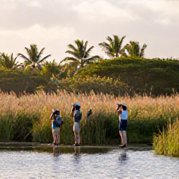 Caribbean Holidays, January Birdwatching, A calm January morning at a Barbados wetland, with birdwatchers using binoculars beside reeds and tropical trees